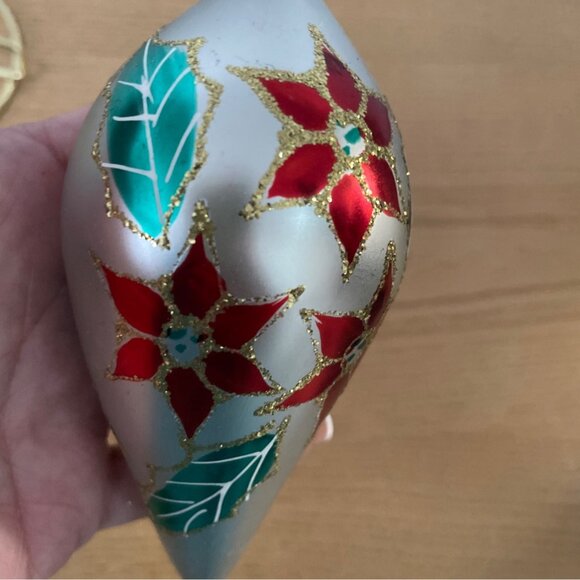 Vintage Icicle Teardrop Glass Christmas Ornaments Set of 3 Red Poinsettia Holly - Picture 6 of 8